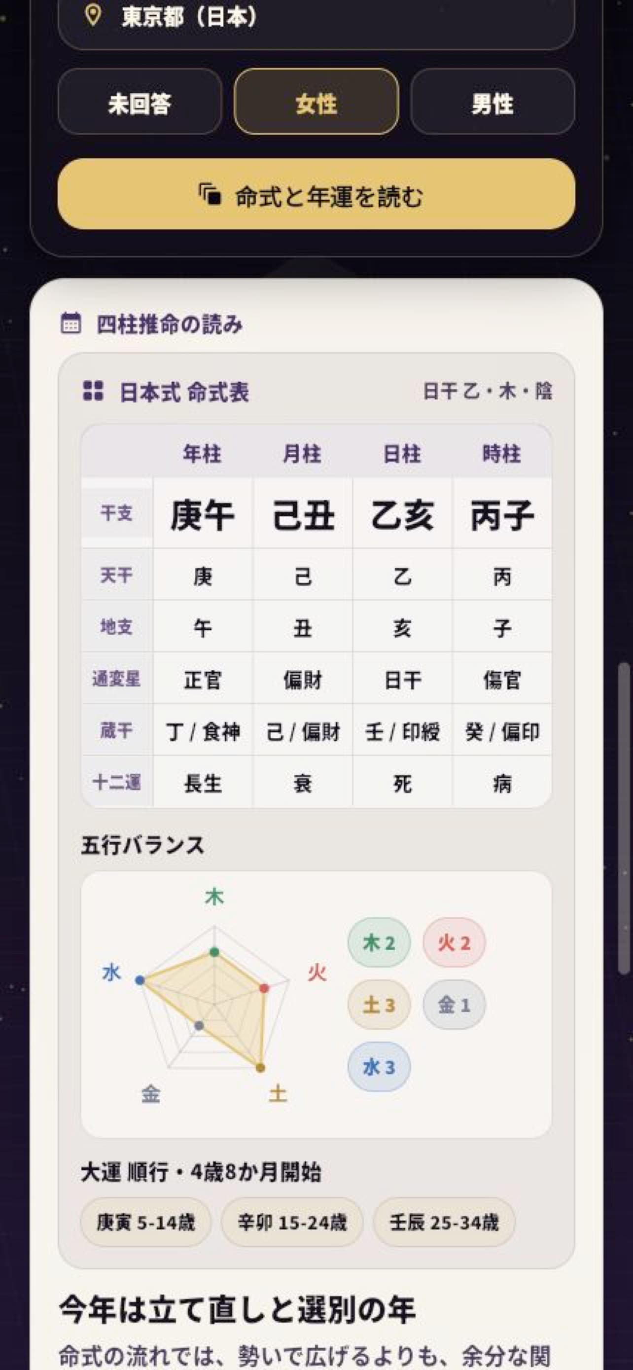 四柱推命レポートの表示例